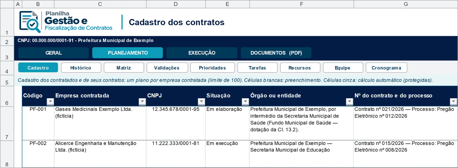 Tela Cadastro dos contratos da planilha: Um plano por contrato: empresa contratada, CNPJ, situação, órgão e número do contrato e do processo.