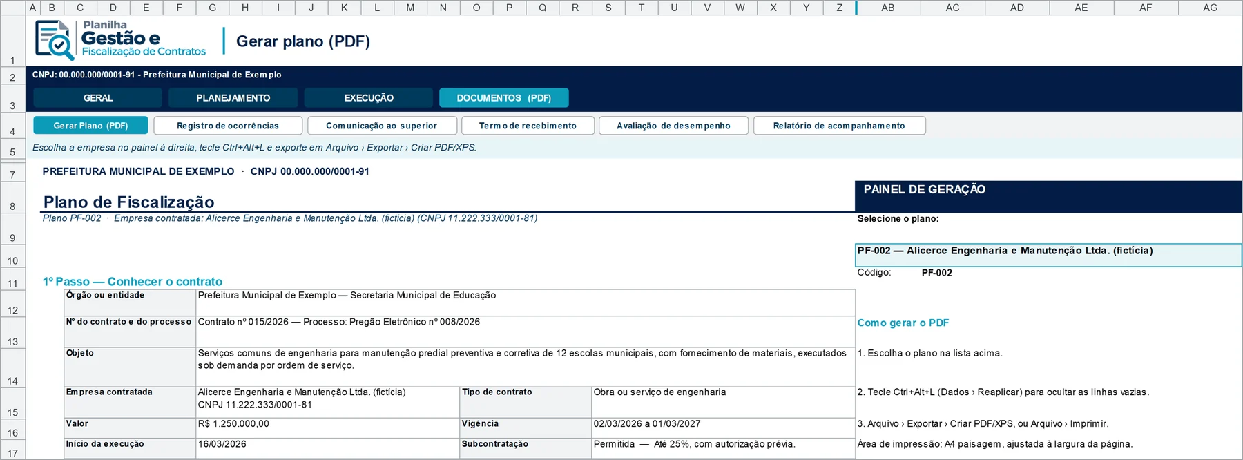 Tela Gerar Plano (PDF) da planilha: O Plano de Fiscalização montado a partir do planejamento, pronto para exportar em PDF.