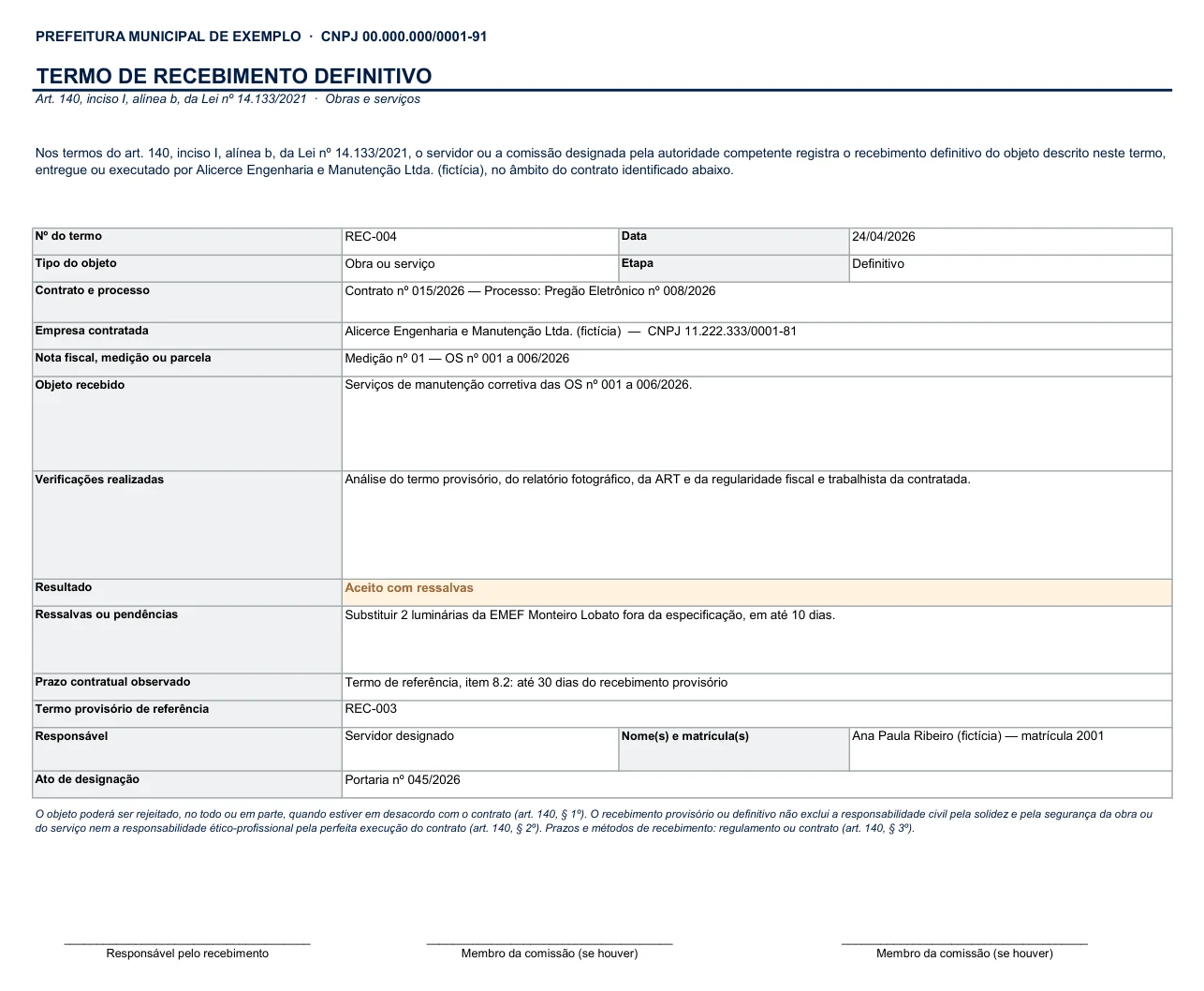 Tela Termo de recebimento da planilha: Termo provisório ou definitivo com o objeto recebido, as verificações, o resultado e as ressalvas.